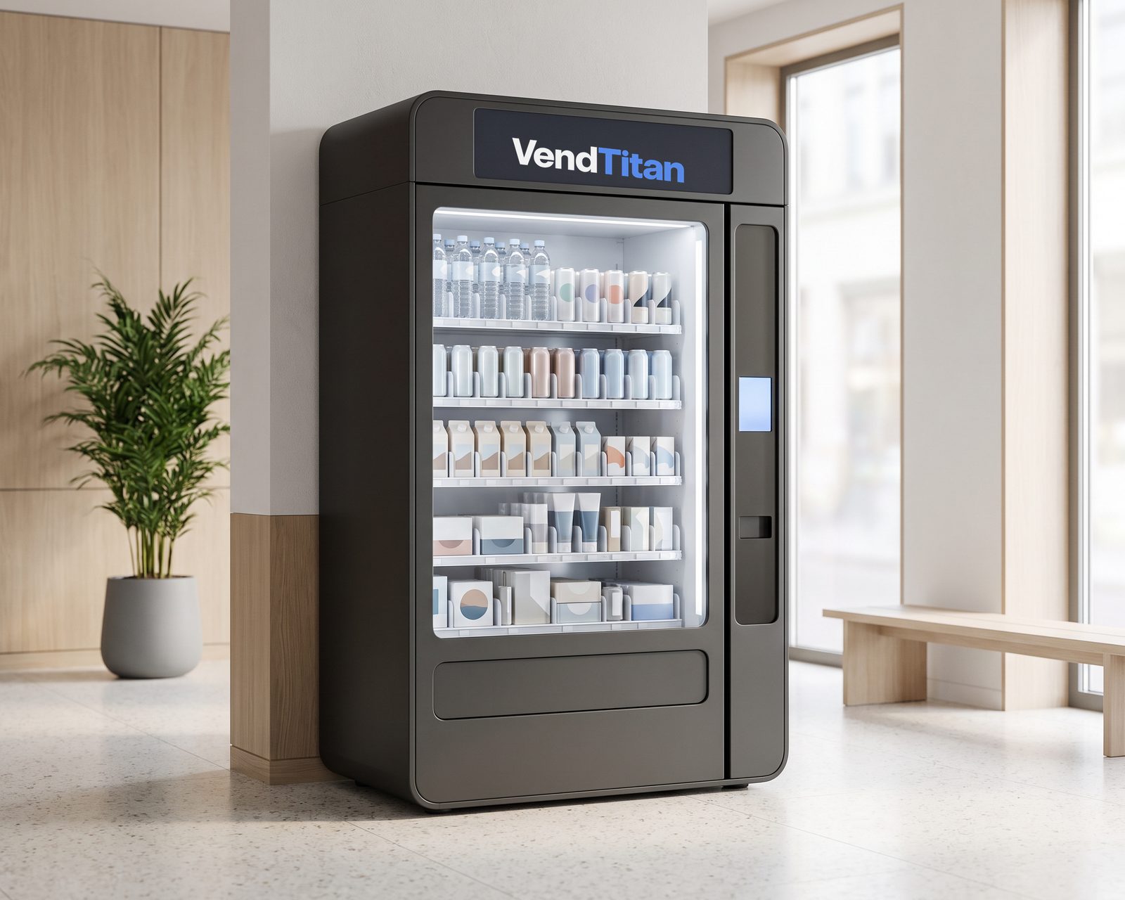 A graphite VendTitan vending machine stocked with drinks, everyday essentials and personal-care items, standing in a bright modern building lobby.