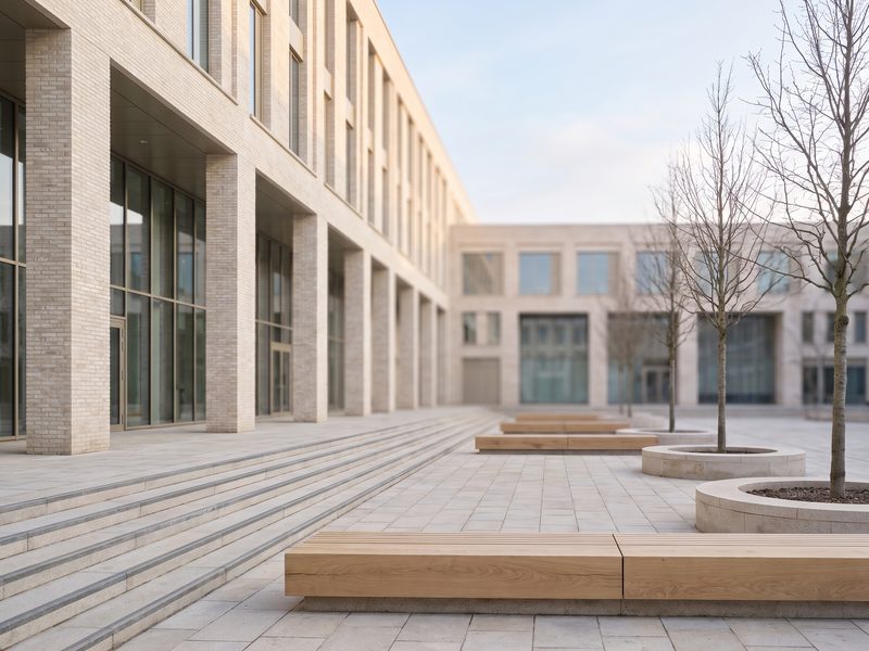 A modern university campus courtyard with wide stone steps and timber benches.