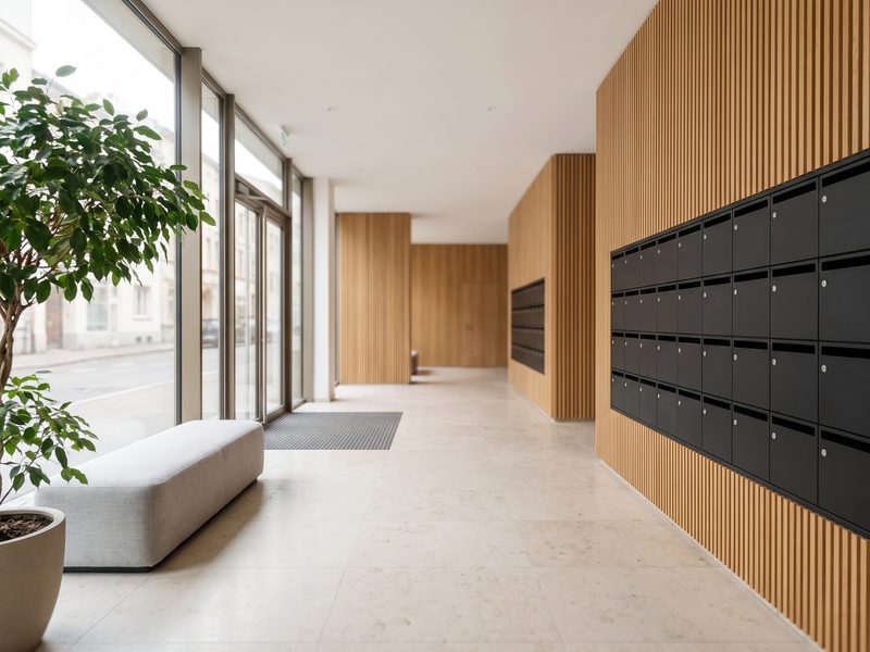 The entrance lobby of a contemporary apartment building, with oak panelling and a mailbox wall.