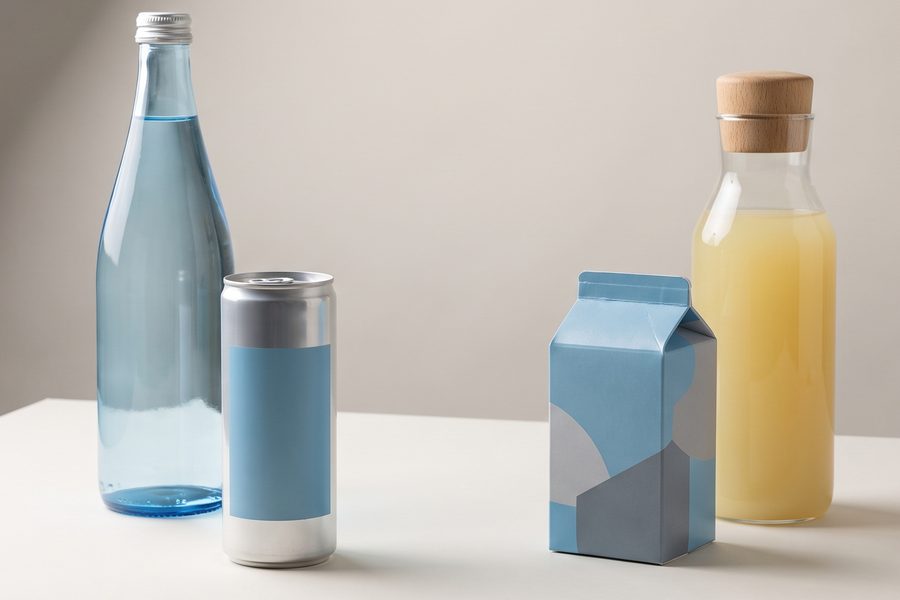 Still water, a sparkling can, a chilled coffee carton and a bottle of juice on a studio table.