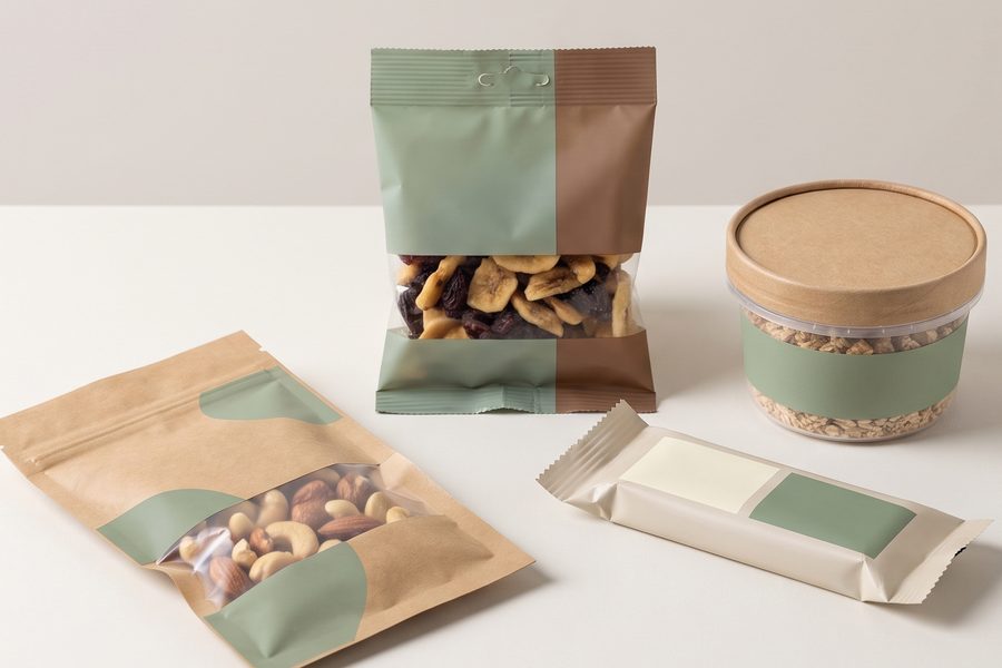 A pack of mixed nuts, a protein bar, a dried-fruit pouch and a tub of oat snack.