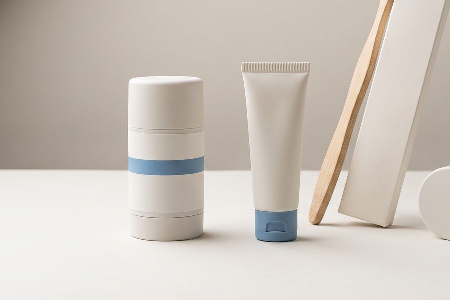 A deodorant stick, a hand-cream tube and a boxed travel toothbrush on a studio table.