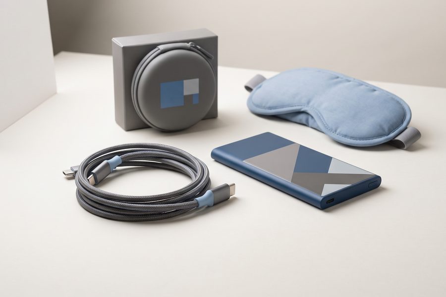 A braided charging cable, a slim power bank, an earphone case and a travel eye mask.